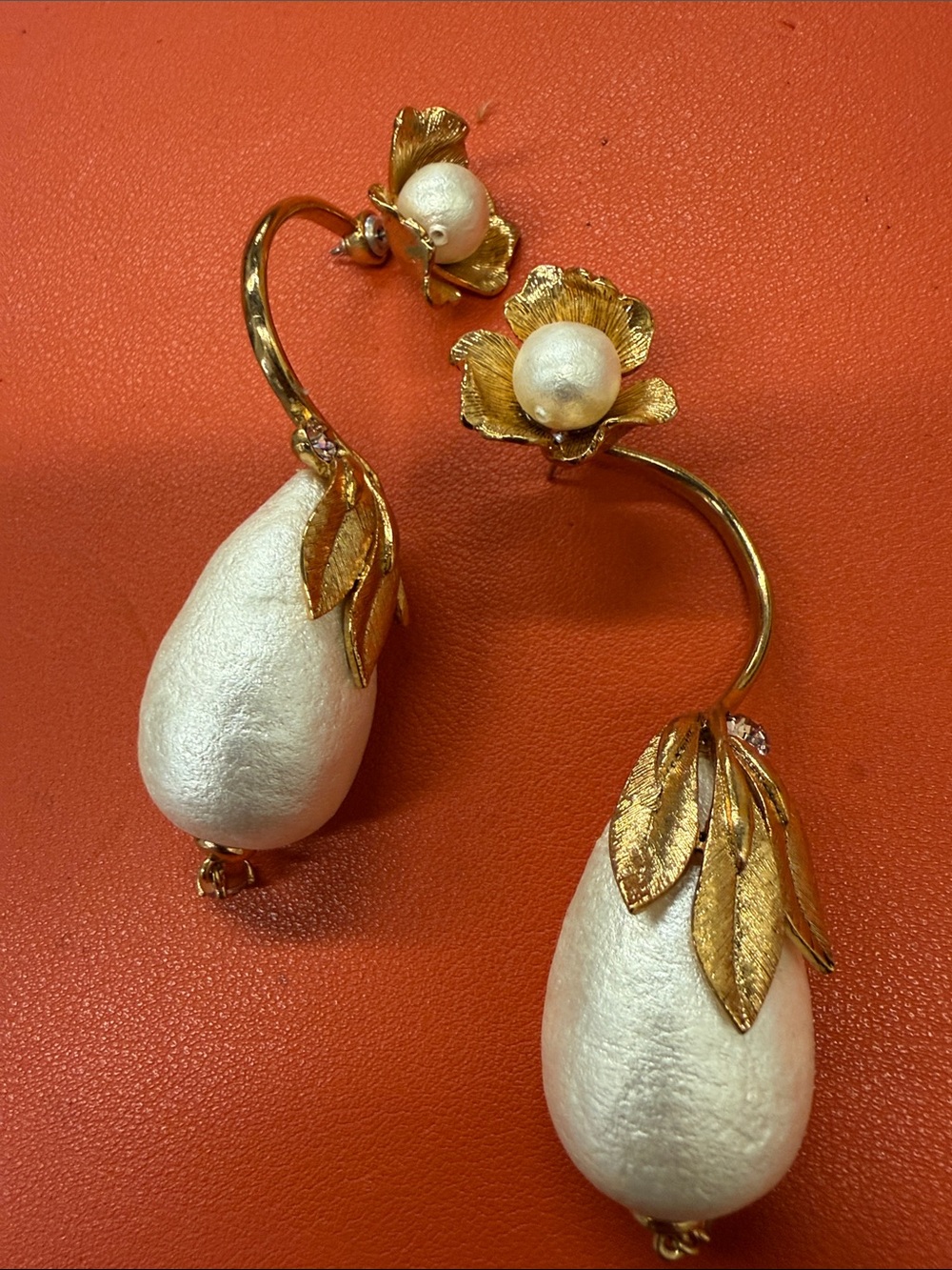 Oscar de la Renta Gold Floral Earrings with White Teardrops